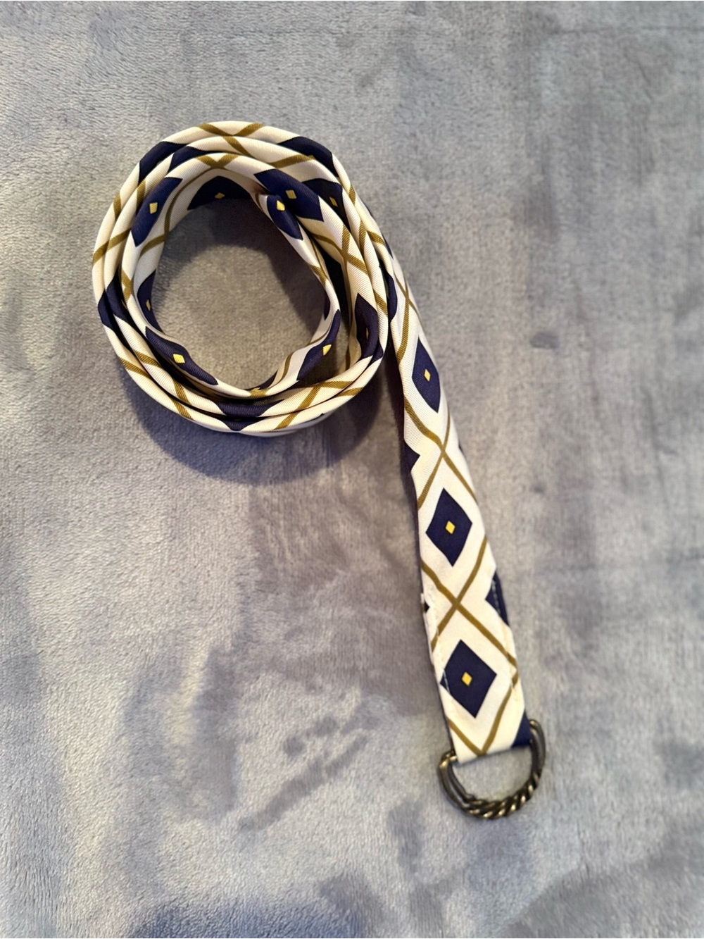 J. Crew 100% Silk D-Ring Ribbon Belt Womens M/L Navy Gold Geometric Preppy - Picture 2 of 5